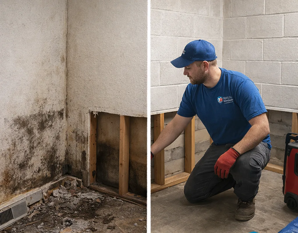 Before and after of a basement corner showing stained drywall followed by exposed clean framing and masonry ready for repair