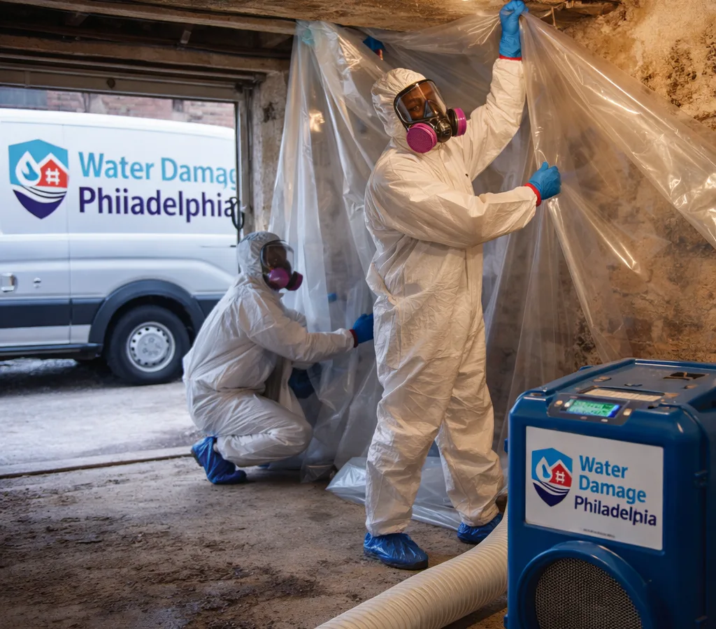 Technicians in protective equipment setting up containment and a HEPA air scrubber in a Philadelphia rowhome basement