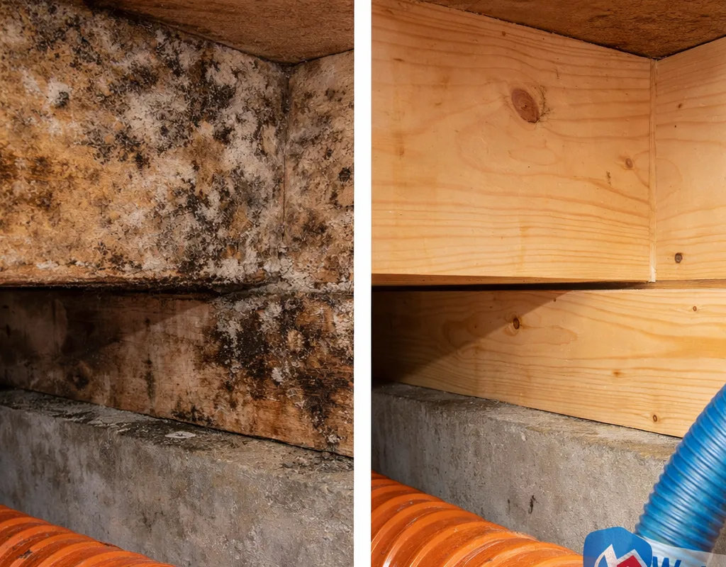 Before and after view of basement rim joists showing fungal growth followed by cleaned, dry wood