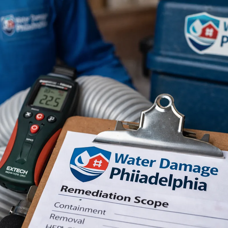 Written remediation scope beside a moisture meter and HEPA vacuum hose with containment and cleaning line items visible