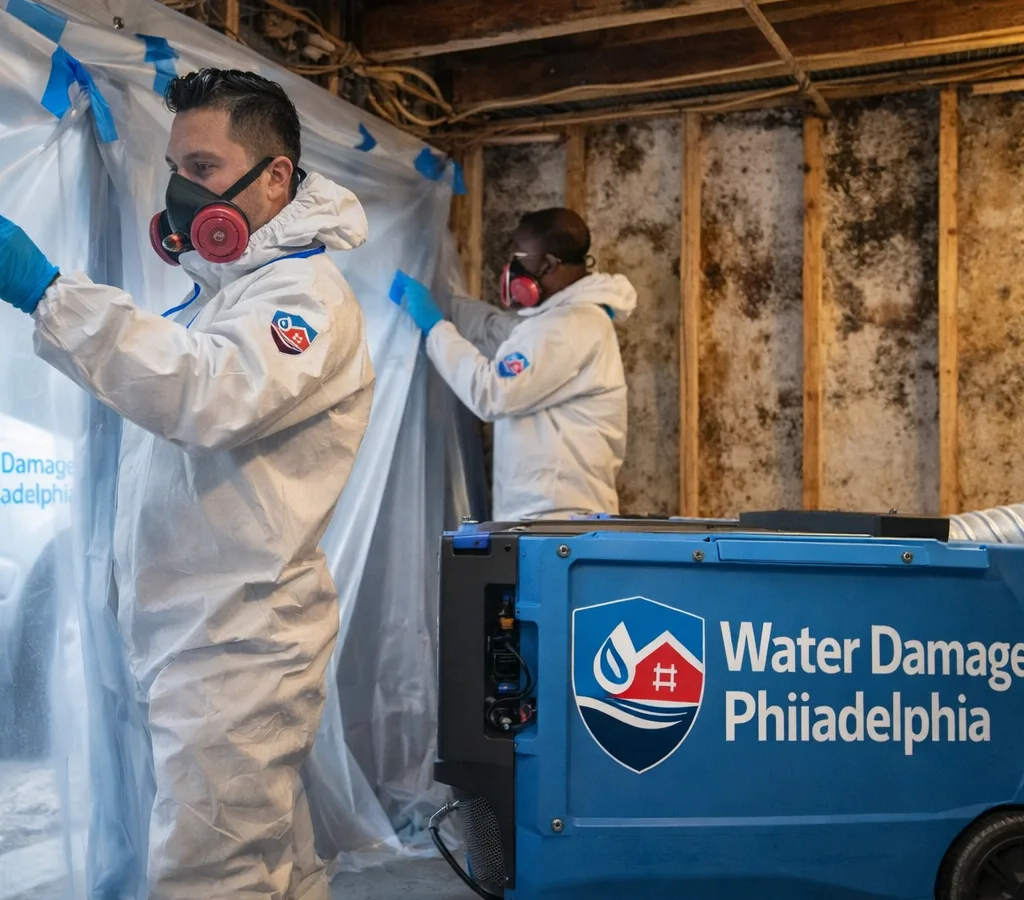 Certified technicians setting up plastic containment and a HEPA air scrubber in a Philadelphia rowhome basement