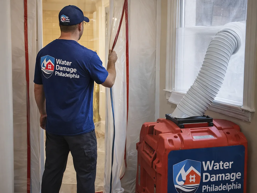 Zipper-door containment wall with a negative air machine ducted to a window in an occupied home