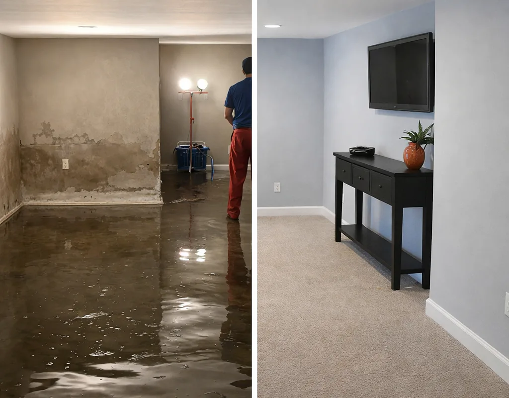 Side-by-side view of a flooded finished basement before work and the restored room after drying, new baseboards, and repainting