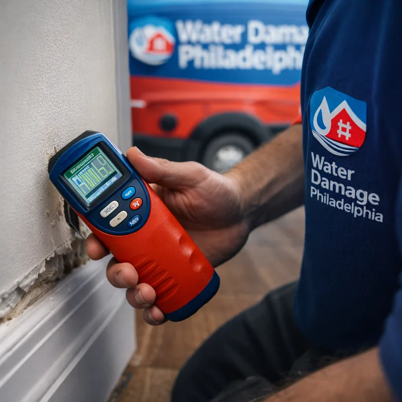 Technician holding a penetrating moisture meter against a baseboard and drywall cut line
