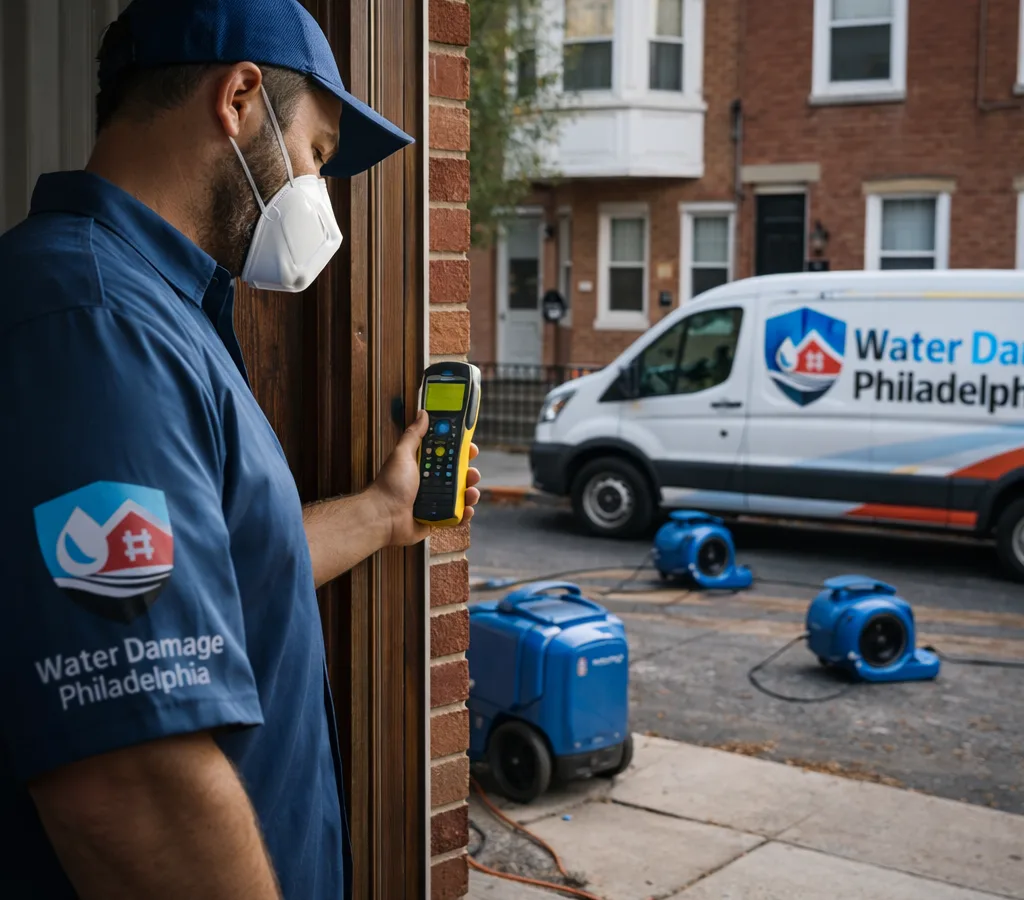 Technician in protective equipment using a moisture meter at a Philadelphia rowhome entryway while air movers operate in the background