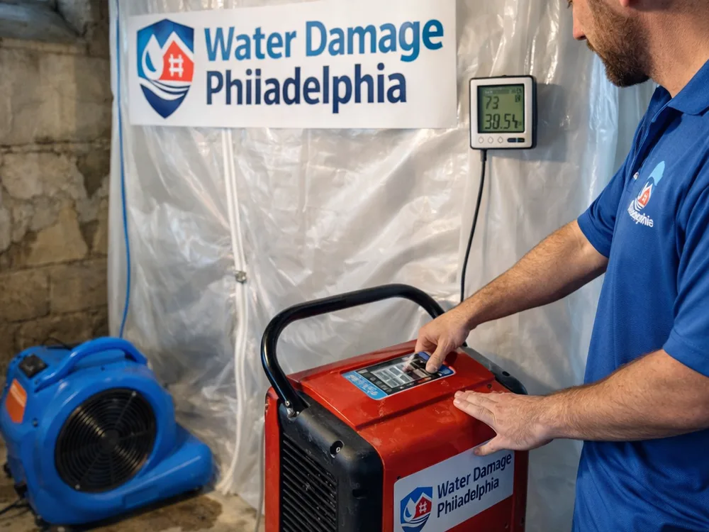 Dehumidifier and air mover operating inside plastic containment in a Philadelphia basement with a hygrometer monitoring drying conditions