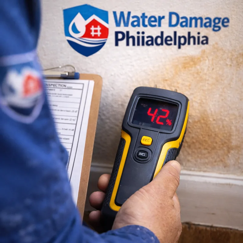 Moisture meter reading on drywall near a stained baseboard with inspection notes in the background