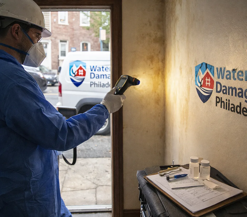 Inspector in protective equipment using a moisture meter and flashlight at a water-stained wall in a Philadelphia rowhome