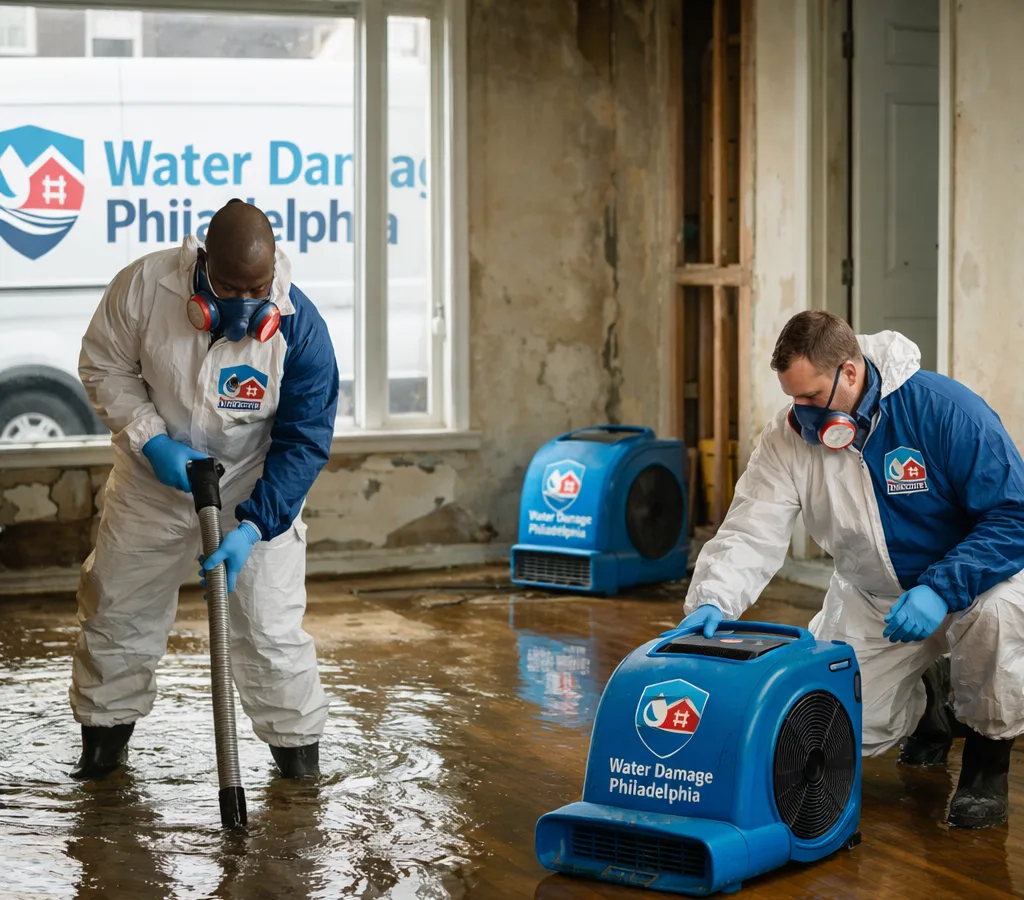 Technicians extracting standing water and setting air movers in a Philadelphia rowhome living room
