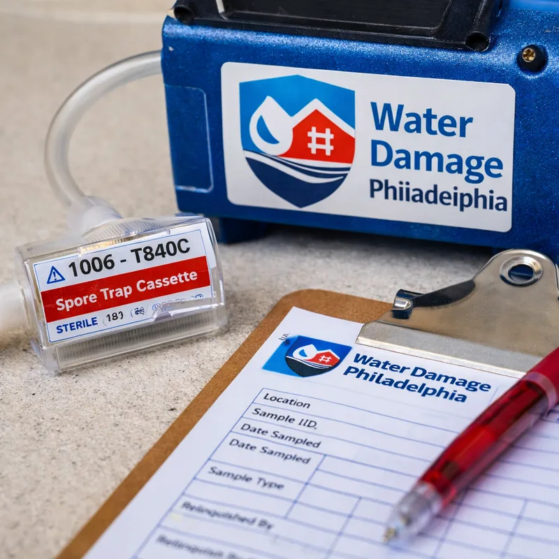 Labeled spore-trap cassette connected to an air-sampling pump beside a clipboard with blank chain-of-custody fields