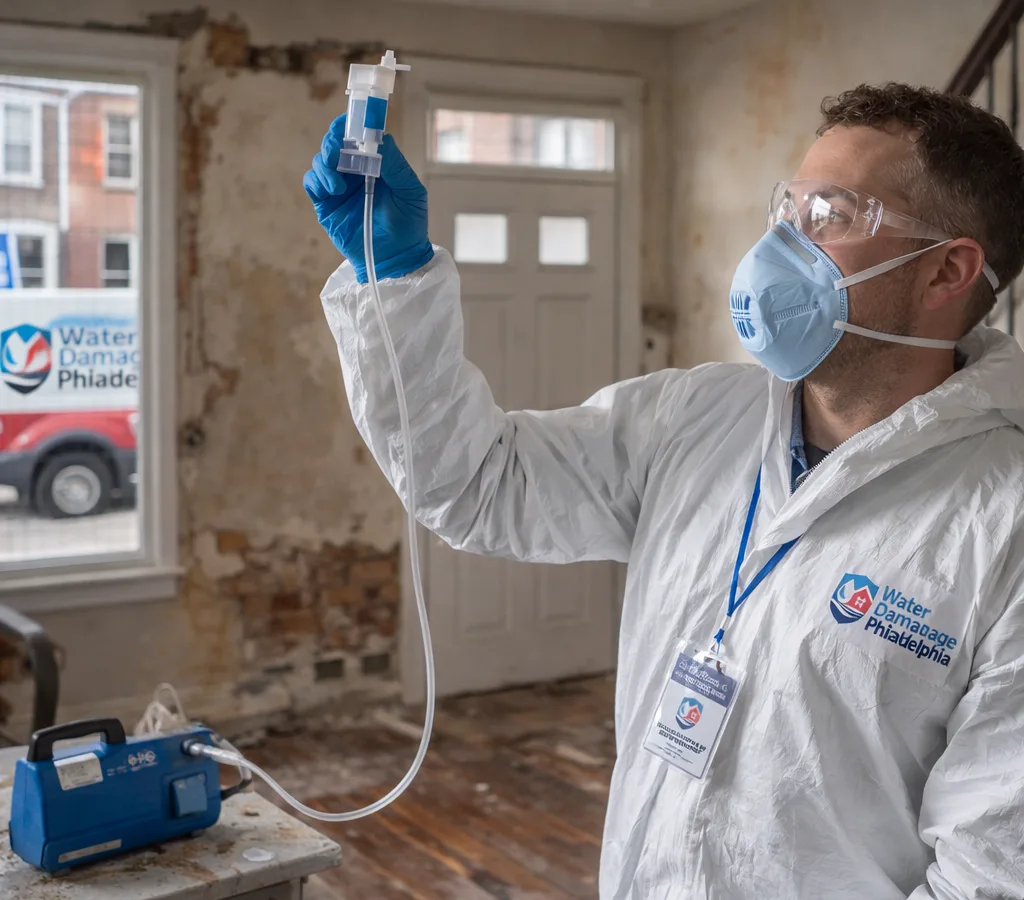 Inspector in protective equipment collecting an air sample with a calibrated pump and labeled cassettes in a Philadelphia rowhome living room