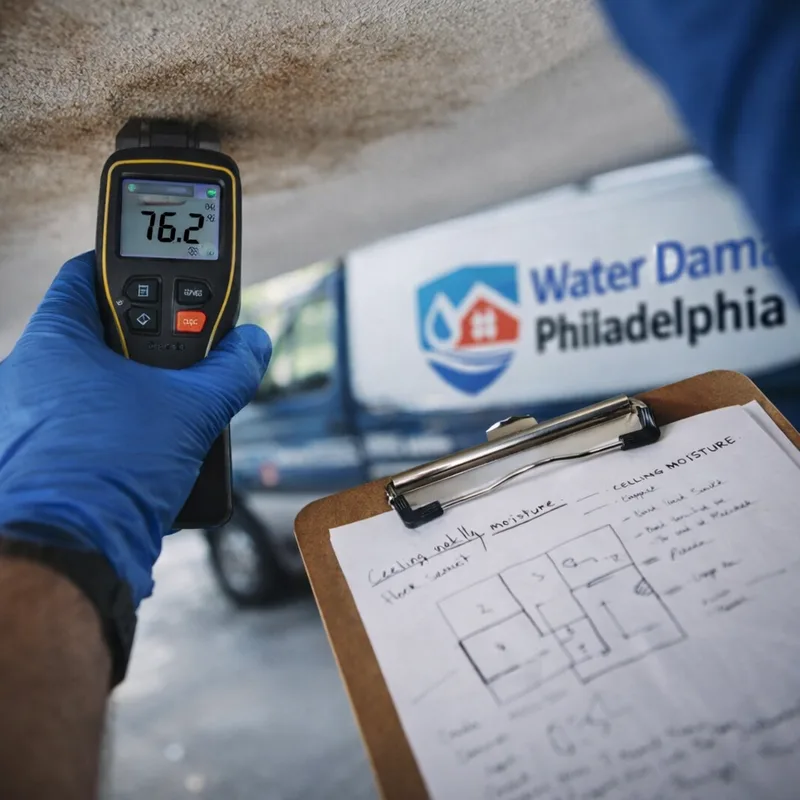 Moisture meter testing a stained ceiling beside notes and a moisture map on a clipboard
