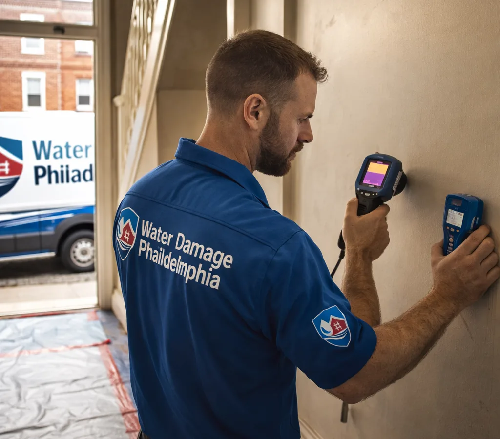 Technician using a moisture meter and thermal imager in a protected Philadelphia rowhome hallway