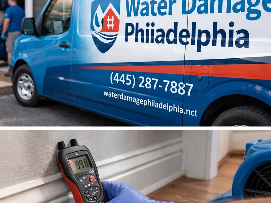 Moisture meter reading at the base of a wall near hardwood flooring and drying equipment