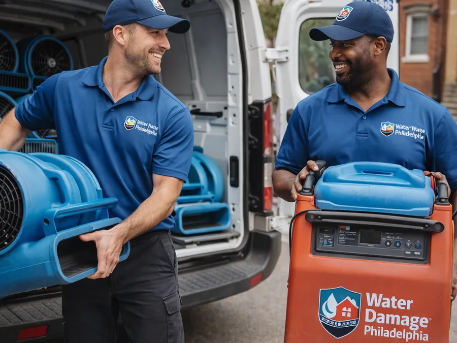 Two technicians loading air movers and a dehumidifier from a work vehicle on a Philadelphia residential street