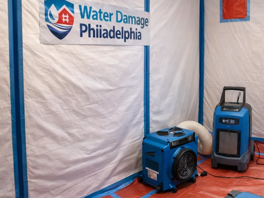 HEPA air scrubber and dehumidifier operating in a contained room with protected floors and sealed vents
